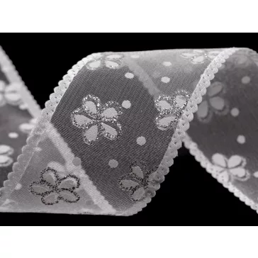   Organza szalag virágos és glitterres szélessége 40 mm - 1 fehér (112,5 m-os csomagolás)