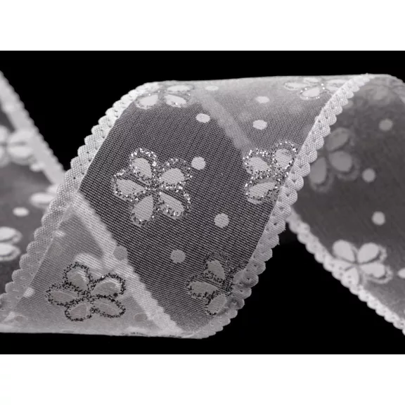 Organza szalag virágos és glitterres szélessége 40 mm - 1 fehér (112,5 m-os csomagolás) Organza szalag virágos és glitterres szélessége 40 mm - 1 fehér (112,5 m-os csomagolás)