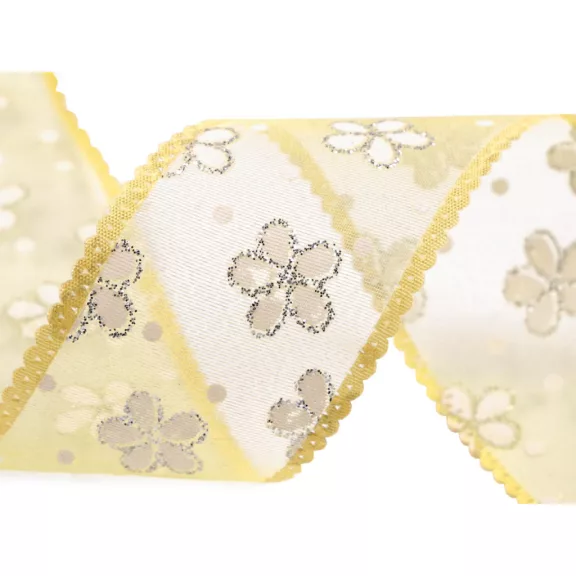 Organza szalag virágos és glitterres szélessége 40 mm - 2 sárga (112,5 m-os csomagolás) Organza szalag virágos és glitterres szélessége 40 mm - 2 sárga (112,5 m-os csomagolás)
