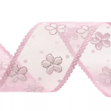   Organza szalag virágos és glitterres szélessége 40 mm - 3 rózsaszín világos (112,5 m-os csomagolás)
