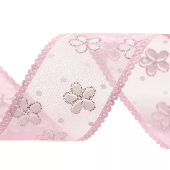 Organza szalag virágos és glitterres szélessége 40 mm - 3 rózsaszín világos (112,5 m-os csomagolás) Organza szalag virágos és glitterres szélessége 40 mm - 3 rózsaszín világos (112,5 m-os csomagolás)