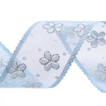   Organza szalag virágos és glitterres szélessége 40 mm - 4 világoskék (112,5 m-os csomagolás)