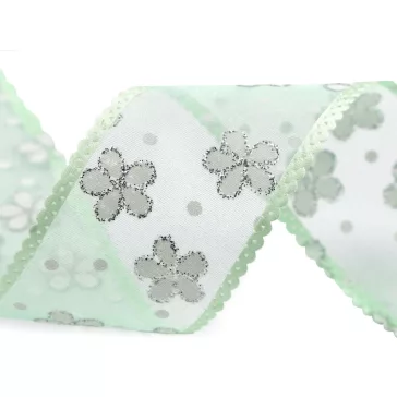   Organza szalag virágos és glitterres szélessége 40 mm - 5 világoszöld (112,5 m-os csomagolás)