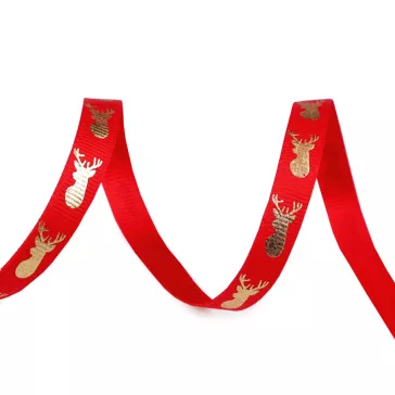  Karácsonyi ripsz szalag rénszarvas 10 mm grosgrain - 1 piros arany (90 m-es csomagolás)