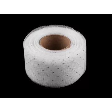   Tüll szalag ezüst pettyek széles 40 mm - fehér ezüst (90 m-os csomagolás)