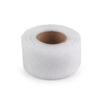   Tüll szalag ezüst pettyek széles 40 mm - fehér ezüst (90 m-os csomagolás)