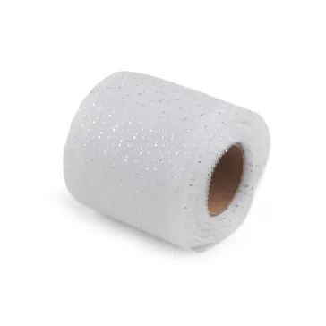   Tüll szalag ezüst pettyek széles 75 mm - fehér ezüst (67,5 m-os csomagolás)