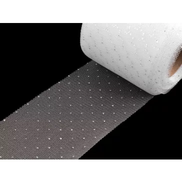   Tüll szalag ezüst pettyek széles 75 mm - fehér ezüst (67,5 m-os csomagolás)