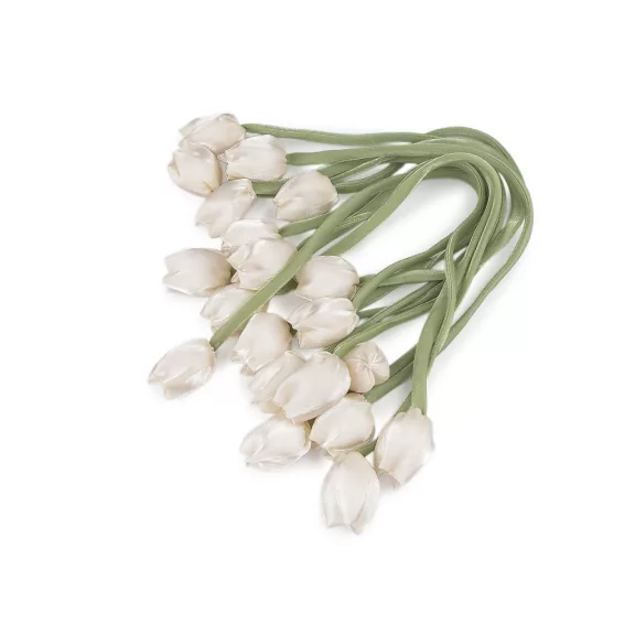Varrt szaténszalag tulipán virággal - 1 tejfehér (10 db-os csomagolás) Varrt szaténszalag tulipán virággal - 1 tejfehér (10 db-os csomagolás)