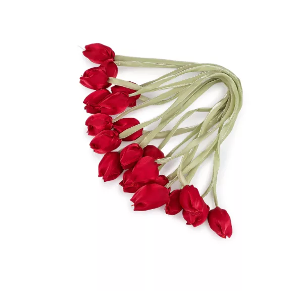 Varrt szaténszalag tulipán virággal - 6 piros (10 db-os csomagolás) Varrt szaténszalag tulipán virággal - 6 piros (10 db-os csomagolás)