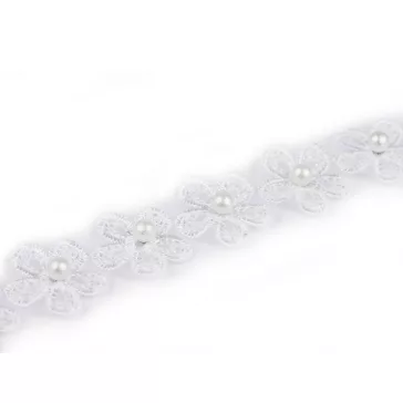   Monofil paszomány virág gyönggyel, szélessége 23 mm - fehér (27 m-os csomagolás)