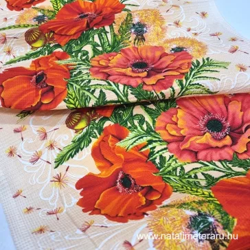   Poppy-patterned waffle fabric, 50cm wide - 0,9 metre last piece