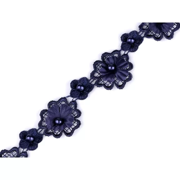 Csipke 3D virág gyönggyel szélessége 30 mm - 3 blue dark Csipke 3D virág gyönggyel szélessége 30 mm - 3 blue dark