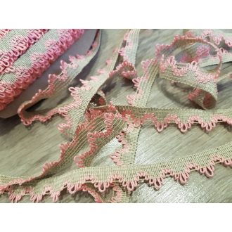   Natúr bézs-rózsaszín kevertszálas pamut szalag csipke 17mm-es