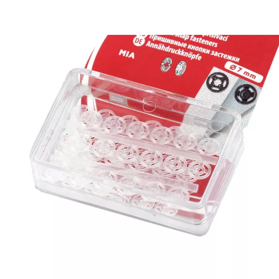 Felvarrható műanyag patent / összenyomható gomb Ø7 mm - Ø15 mm - 1 (7 mm) Transparent (10 lap) Felvarrható műanyag patent / összenyomható gomb Ø7 mm - Ø15 mm - 1 (7 mm) Transparent (10 lap)