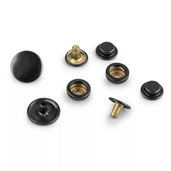 Kétoldalas rozsdamentes fém patentok Ø15 mm vastag anyagokhoz - 2 nikkel fekete (200 szett) Kétoldalas rozsdamentes fém patentok Ø15 mm vastag anyagokhoz - 2 nikkel fekete (200 szett)