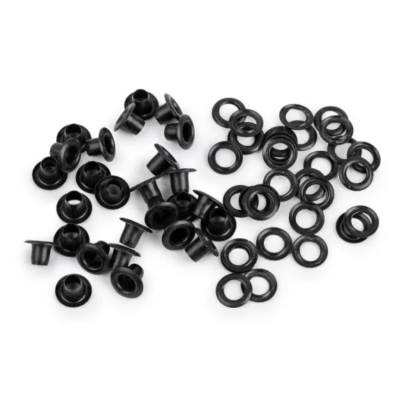 Ringli alátéttel belső Ø4 mm / külső Ø7,5 mm vastagabb anyagokra - 1 fekete lakk (100 pár) Ringli alátéttel belső Ø4 mm / külső Ø7,5 mm vastagabb anyagokra - 1 fekete lakk (100 pár)