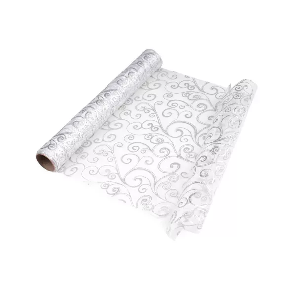 Karácsonyi / lakodalmi organza mintával szélessége 36 cm - 1 fehér ezüst (4,5 m-es csomagolás) Karácsonyi / lakodalmi organza mintával szélessége 36 cm - 1 fehér ezüst (4,5 m-es csomagolás)