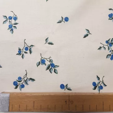   Washed cotton percale with blue berries on a natural base, 220 cm wide.