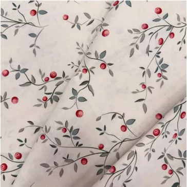   Washed cotton percale with natural and red berries, 220 cm wide.