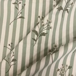   Green striped and small meadow flower patterned washed cotton percale / fine cotton fabric, 220 cm wide