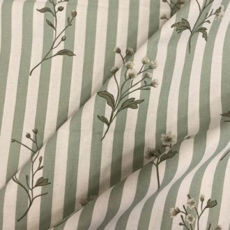   Zöld csíkos mezei virágmintás előmosott prémium pamutperkál / finom pamutvászon 220 cm széles