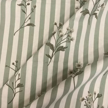   Washed cotton percale with green stripes on a natural base, 220 cm wide.