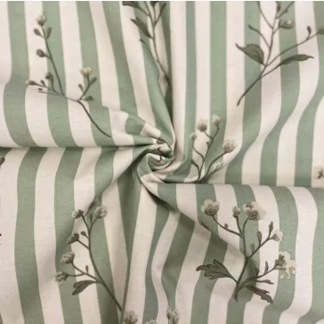   Washed cotton percale with green stripes on a natural base, 220 cm wide.