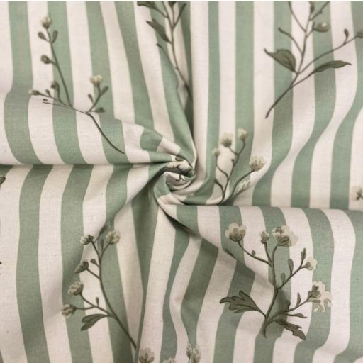 Zöld csíkos mezei virágmintás előmosott prémium pamutperkál / finom pamutvászon 220 cm széles