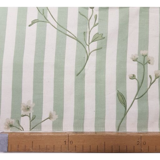 Zöld csíkos mezei virágmintás előmosott prémium pamutperkál / finom pamutvászon 220 cm széles