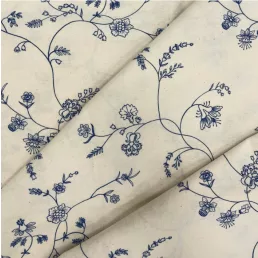   Blue small floral vine pattern washed cotton percale / fine cotton fabric 220 cm wide