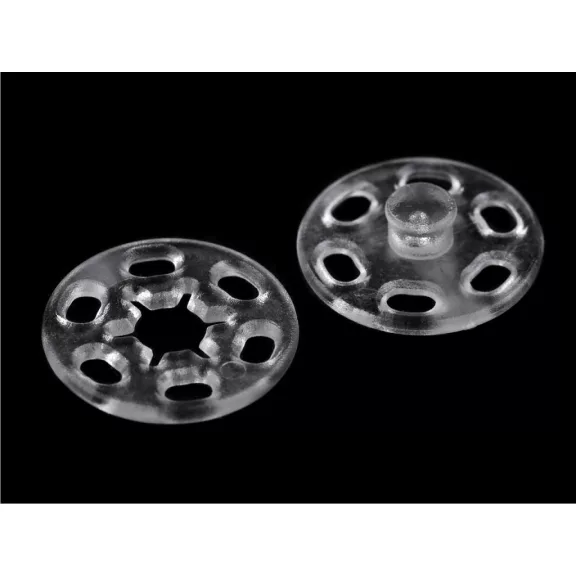 Felvarrható műanyag patent / összenyomható gomb Ø13 mm, Ø15 mm - 1 15 mm Transparent (100 pár) Felvarrható műanyag patent / összenyomható gomb Ø13 mm, Ø15 mm - 1 15 mm Transparent (100 pár)
