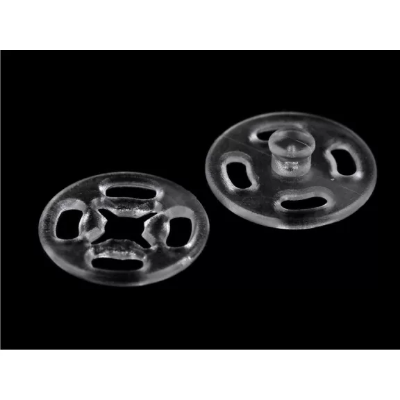 Felvarrható műanyag patent / összenyomható gomb Ø13 mm, Ø15 mm - 3 13 mm Transparent (100 pár) Felvarrható műanyag patent / összenyomható gomb Ø13 mm, Ø15 mm - 3 13 mm Transparent (100 pár)