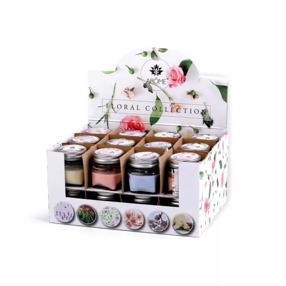 Kis illat gyertya üvegben névjegykártyával 28 g Fruit, Floral - (Floral) vegyes 1-es (24 db-os csomagolás) Kis illat gyertya üvegben névjegykártyával 28 g Fruit, Floral - (Floral) vegyes 1-es (24 db-os csomagolás)