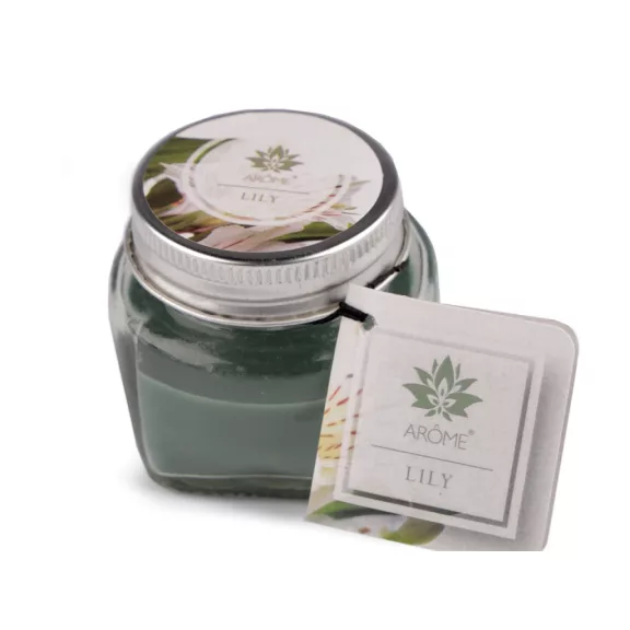 Kis illat gyertya üvegben névjegykártyával 28 g Fruit, Floral - 7 (Lily) zöld zsálya sötét (1 db-os csomagolás) Kis illat gyertya üvegben névjegykártyával 28 g Fruit, Floral - 7 (Lily) zöld zsálya sötét (1 db-os csomagolás)