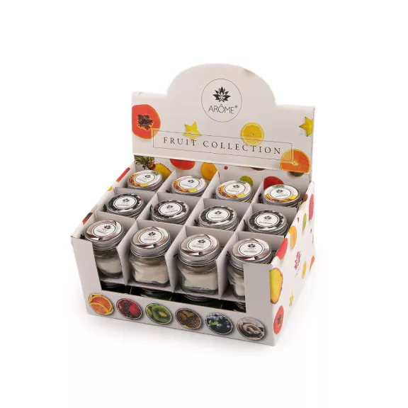 Kis illat gyertya üvegben névjegykártyával 28 g Fruit, Floral - (Fruit) vegyes 3-as (24 db-os csomagolás) Kis illat gyertya üvegben névjegykártyával 28 g Fruit, Floral - (Fruit) vegyes 3-as (24 db-os csomagolás)