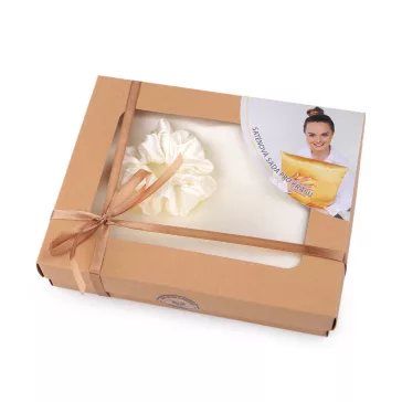   Szatén Beauty alvó készlet, huzat és scrunchie gumi - 2 világos krém (1 db-os csomagolás)