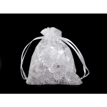   Karácsonyi ajándék tasak pelyhek 9x11 cm organza - fehér ezüst (50 db-os csomagolás)