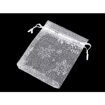   Karácsonyi ajándék tasak pelyhek 9x11 cm organza - fehér ezüst (50 db-os csomagolás)