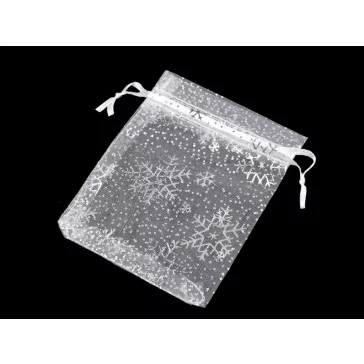   Karácsonyi ajándék tasak pelyhek 9x11 cm organza - fehér ezüst (100 db-os csomagolás)