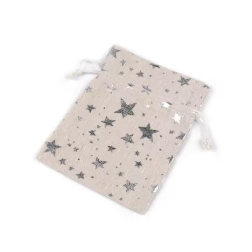   Len ajándék zsák fényes csillagok 13x18 cm tasak - 1 nyers-natür ezüst (10 db-os csomagolás)
