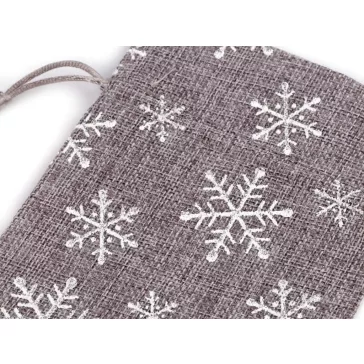   Karácsonyi ajándékzsák glitteres pelyhek 13x18 cm juta utánzat - szürke (10 db-os csomagolás)