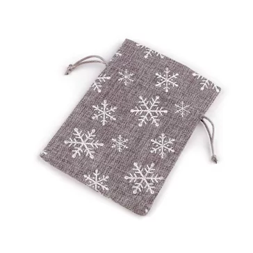   Karácsonyi ajándékzsák glitteres pelyhek 13x18 cm juta utánzat - szürke (30 db-os csomagolás)