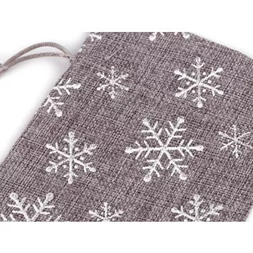   Karácsonyi ajándékzsák glitteres pelyhek 13x18 cm juta utánzat - szürke (30 db-os csomagolás)