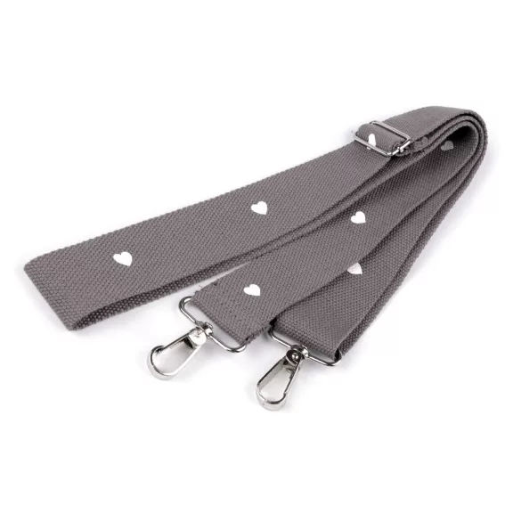 Textil táskapánt / táska heveder karabinerrel szélessége 3,8 cm - 21 szürke szív (1 db-os csomagolás) Textil táskapánt / táska heveder karabinerrel szélessége 3,8 cm - 21 szürke szív (1 db-os csomagolás)