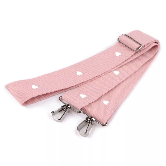 Textil táskapánt / táska heveder karabinerrel szélessége 3,8 cm - 25 púderrózsaszín szív (1 db-os csomagolás) Textil táskapánt / táska heveder karabinerrel szélessége 3,8 cm - 25 púderrózsaszín szív (1 db-os csomagolás)
