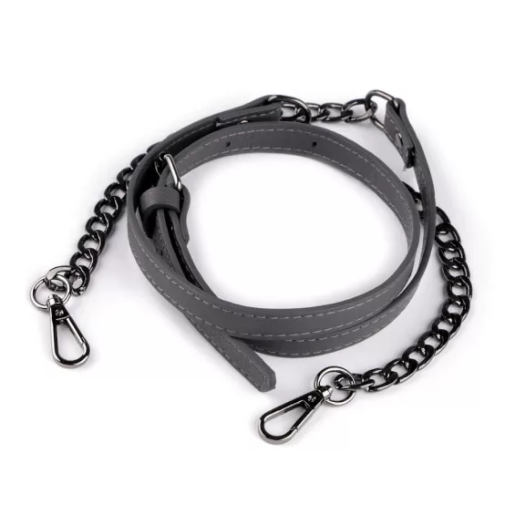Fém pánt / fül lánccal és karabinerrel táskára szélessége 1,5 cm - 5 szürke fekete nikkel (1 db-os csomagolás) Fém pánt / fül lánccal és karabinerrel táskára szélessége 1,5 cm - 5 szürke fekete nikkel (1 db-os csomagolás)