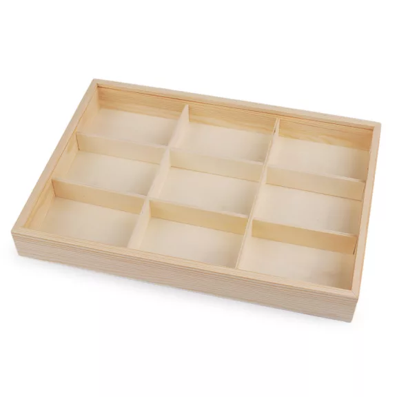 9 rekeszes fa tároló doboz tolófedéllel - természetes világos (1 db-os csomagolás) 9 rekeszes fa tároló doboz tolófedéllel - természetes világos (1 db-os csomagolás)