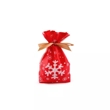   Élelmiszer zacskó atlasz szalaggal karácsonyi 12x17,5 cm - 2 piros hópehely (20 db-os csomagolás)