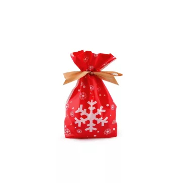   Élelmiszer zacskó atlasz szalaggal karácsonyi 12x17,5 cm - 2 piros hópehely (50 db-os csomagolás)